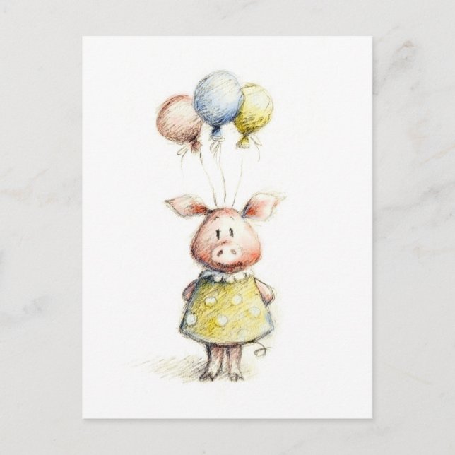 Watercolor and pencil drawing of pig with balloons postcard (Front)