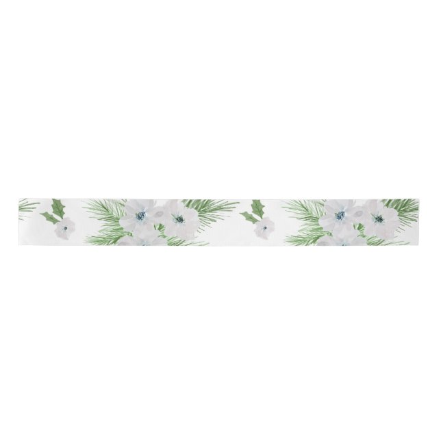 Watercolor anemone and spruce pattern  satin ribbon (Front)