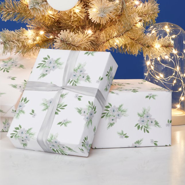Watercolor anemone and spruce pattern  wrapping paper (Holidays)