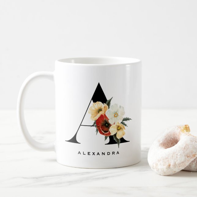 Watercolor Anemone Botanicals Letter A Monogram Coffee Mug (With Donut)