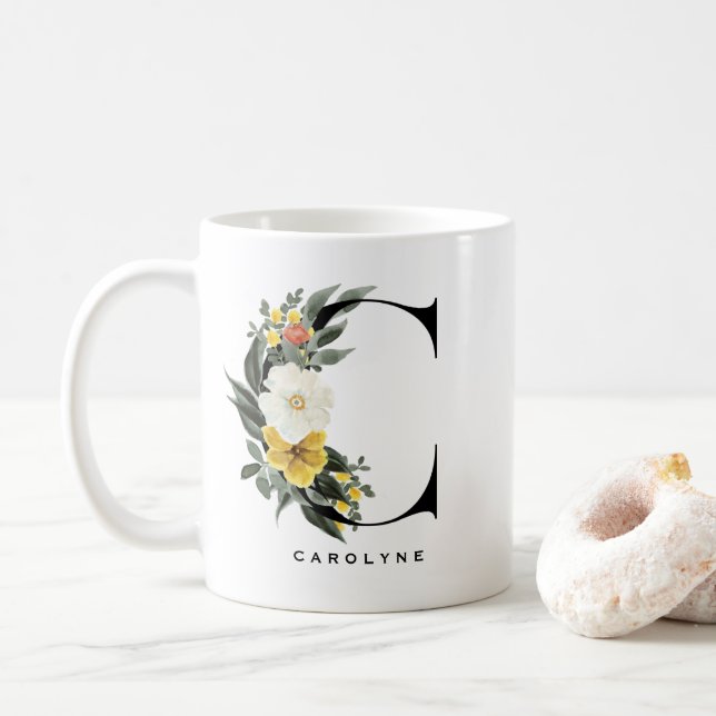 Watercolor Anemone Botanicals Letter C Monogram Coffee Mug (With Donut)