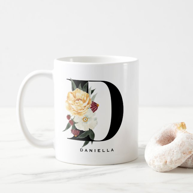 Watercolor Anemone Botanicals Letter D Monogram Coffee Mug (With Donut)