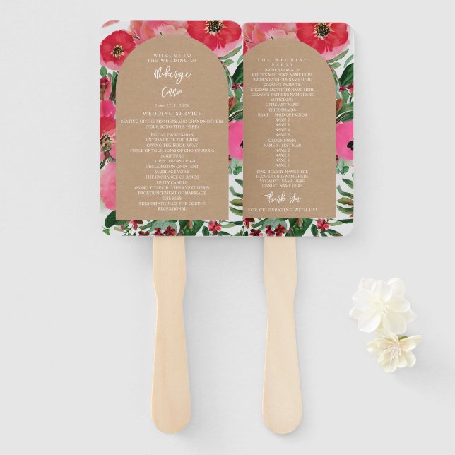 Watercolor Anemone Cardstock Arch Wedding Program Hand Fan (Front and Back)