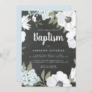 Watercolor Anemone Chalkboard Blue Baptism Invitation