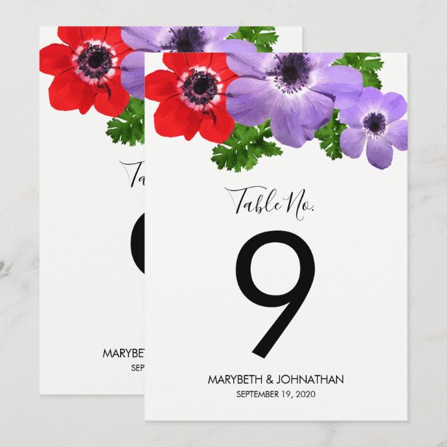 Watercolor Anemone Floral Table Number Card (Front/Back)