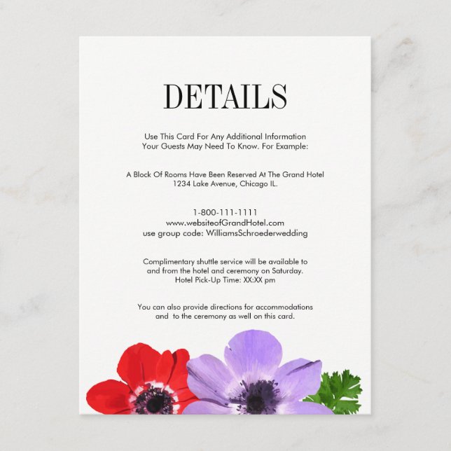 Watercolor Anemone Floral Wedding Details Card (Front)