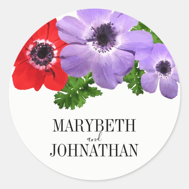 Watercolor Anemone Floral Wedding Favour Sticker (Front)