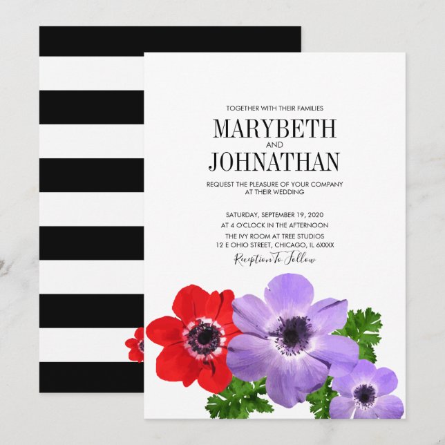 Watercolor Anemone Floral Wedding Invitation Card (Front/Back)