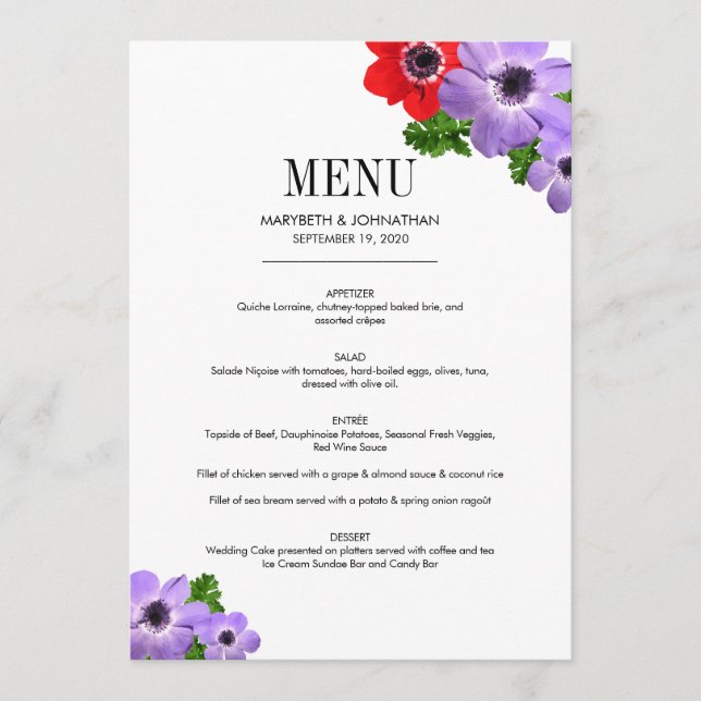 Watercolor Anemone Floral Wedding Menu Card (Front)