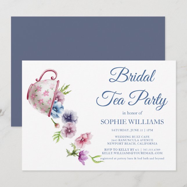 Watercolor Anemone Flower Wedding Bridal Tea Party Invitation (Front/Back)