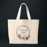 Watercolor Anemone Flower Wedding Large Tote Bag<br><div class="desc">These wedding tote bags feature an elegant blue script on a white background surrounded by gorgeous Anemone flowers in pink, lavender, blue, purple and violet with green leaves. The text can be personalized by editing the text boxes. Designed for you by Evco Studio © at www.zazzle.com/store/evcostudio #wedding #motherofthebride #tote #bags...</div>