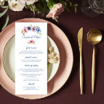 Watercolor Anemone Flower Wedding Menu Card<br><div class="desc">This Wedding Menu Card features an elegant blue script on a white background with the bridal couple's names surrounded by gorgeous Anemone flowers in pink, lavender, blue, purple and violet with green leaves. The text can be personalized by editing the text boxes. The colour on the reverse side of the...</div>
