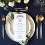 Watercolor Anemone Flower Wedding Menu Card<br><div class="desc">This Wedding Menu Card features an elegant blue script on a white background with text "menu" surrounded by gorgeous Anemone flowers in pink, lavender, blue, purple and violet with green leaves. The text can be personalized by editing the text boxes. The colour on the reverse side of the menu can...</div>