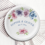 Watercolor Anemone Flower Wedding Paper Plate<br><div class="desc">These Wedding Plates feature an elegant blue script on a white background surrounded by gorgeous Anemone flowers in pink, lavender, blue, purple and violet with green leaves. The text can be personalized by editing the text boxes. Designed for you by Evco Studio © at www.zazzle.com/store/evcostudio #wedding #plates #tableware #weddinginspiration #anemone...</div>