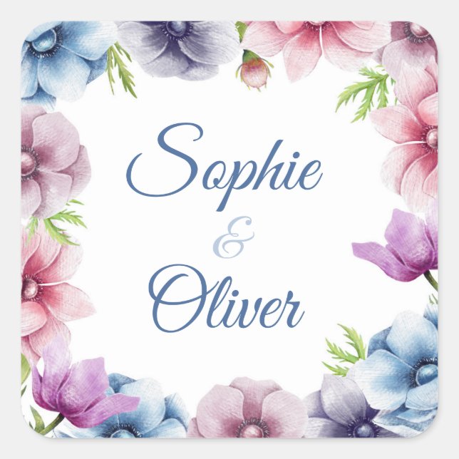 Watercolor Anemone Flower Wedding Square Sticker (Front)