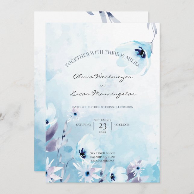 Watercolor Anemone Flowers Ice Blue Invitation (Front/Back)