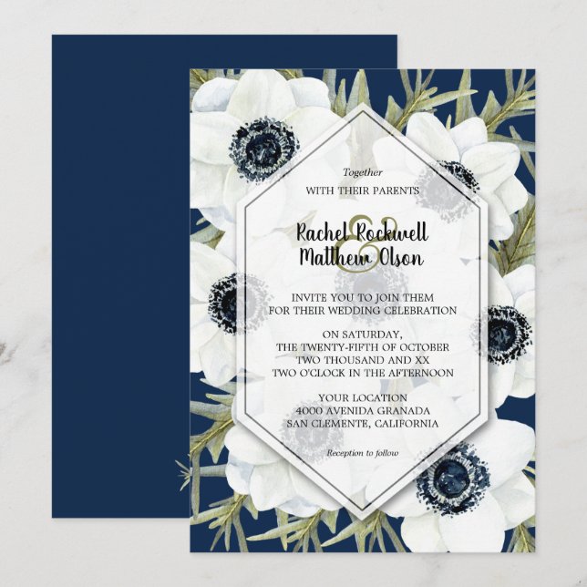 Watercolor Anemones Botanical Navy Blue Wedding Invitation (Front/Back)