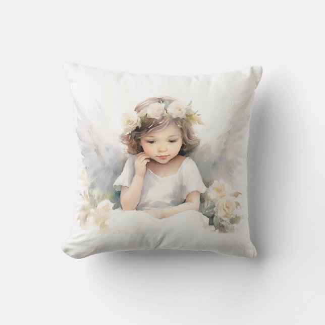 Watercolor Angel Girl With Flowers Throw Pillow (Front)