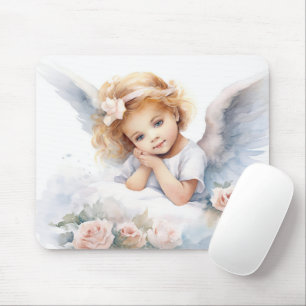 Watercolor Angel Girl With Roses Mouse Pad
