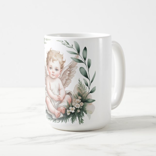 Watercolor Angel Wings Baptism Green Coffee Mug (Front Right)
