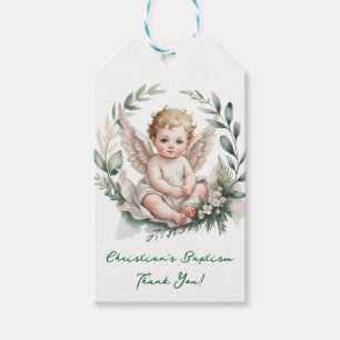 Watercolor Angel Wings Baptism Green Thank You Gift Tags
