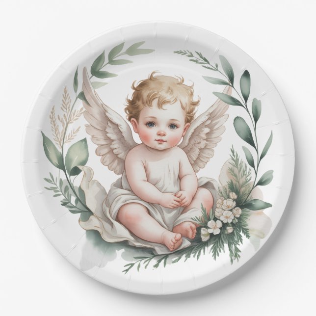 Watercolor Angel Wings Baptism  Paper Plate (Front)