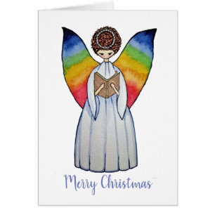 Watercolor Angel With Rainbow Wings Reading A Book