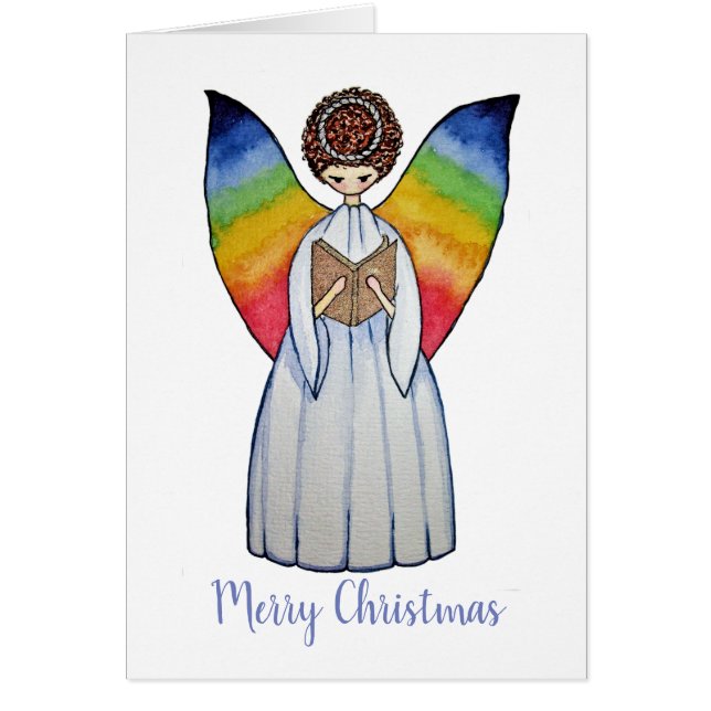 Watercolor Angel With Rainbow Wings Reading A Book (Front)