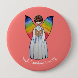 Watercolor Angel With Rainbow Wings Reading A Book 4 Inch Round Button