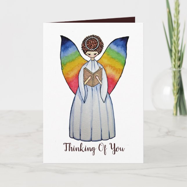 Watercolor Angel With Rainbow Wings Reading A Book Card (Front)