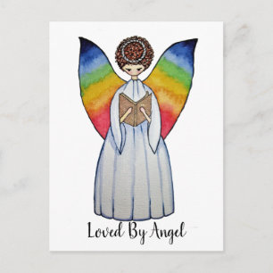 Watercolor Angel With Rainbow Wings Reading A Book Postcard