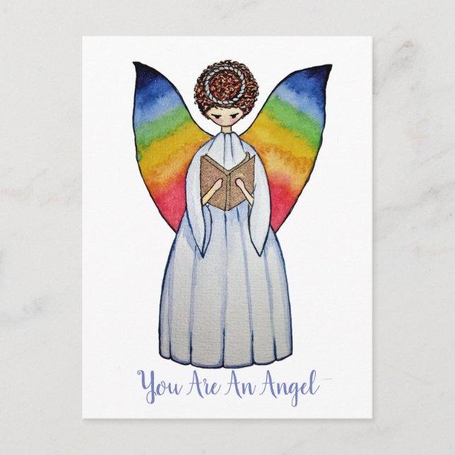 Watercolor Angel With Rainbow Wings Reading A Book Postcard (Front)
