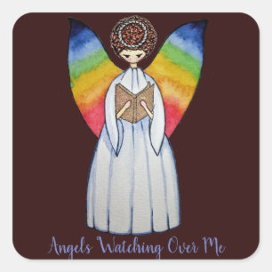 Watercolor Angel With Rainbow Wings Reading A Book Square Sticker
