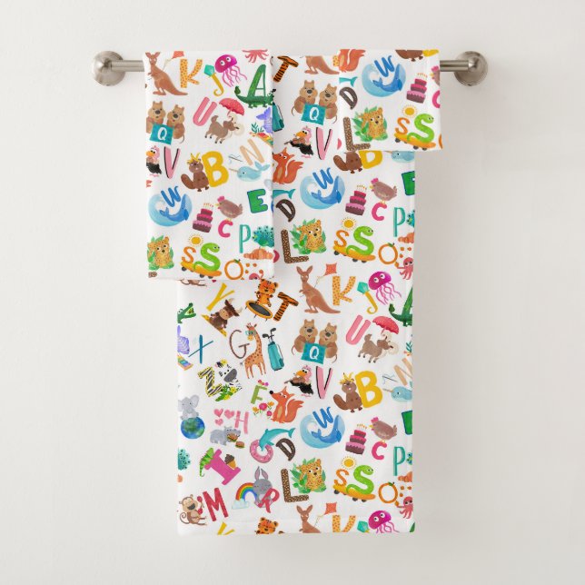 Watercolor Animal Alphabet Adorable Kids Bath Towel Set (Insitu)