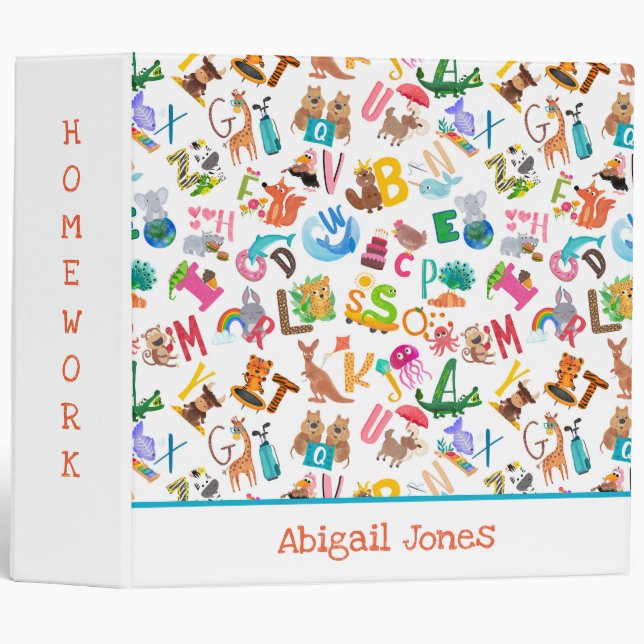 Watercolor Animal Alphabet Adorable Personalized Binder (Front/Spine)