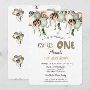 Watercolor Animal Print Balloons 1st Birthday Invitation