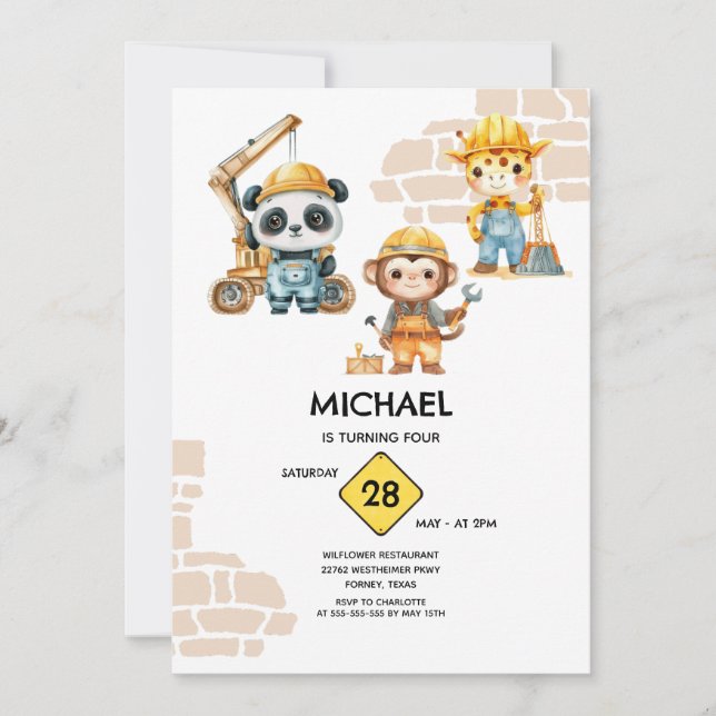 Watercolor Animals Constructions Any Year Invitation (Front)