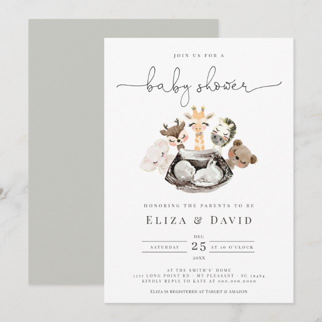  Watercolor Animals Faux Modern Gold Baby Shower Invitation (Front/Back)