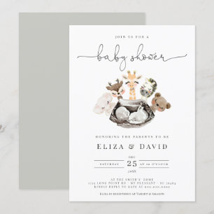  Watercolor Animals Faux Modern Gold Baby Shower Invitation