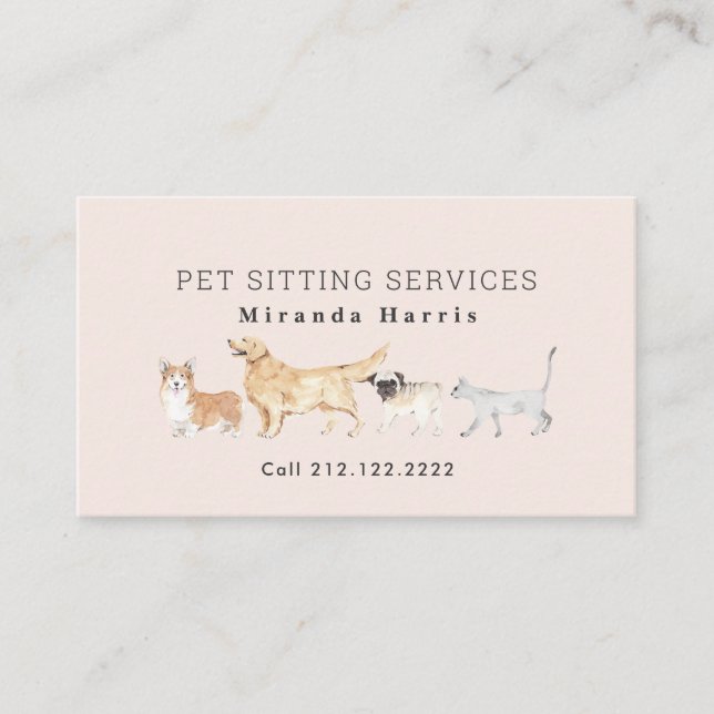 Watercolor Animals Pet Sitter Dog Walker Pink Business Card (Front)