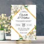 Watercolor Antique White Gold Floral Wedding Invitation<br><div class="desc">Personalize these vintage chic, with antique white style wedding invitations. Black and white colours. Hand painted watercolor white roses (flowers) with faux gold foil frame. Back of card has bride and groom monograms / initials. Editable cards - add your info (text can be changed to any font, size, and colour)....</div>