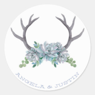 Watercolor Antlers and Echeveria Country Wedding Classic Round Sticker