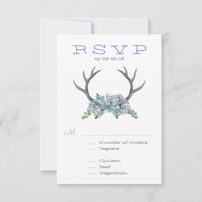 Watercolor Antlers and Echeveria Wedding RSVP (Front)