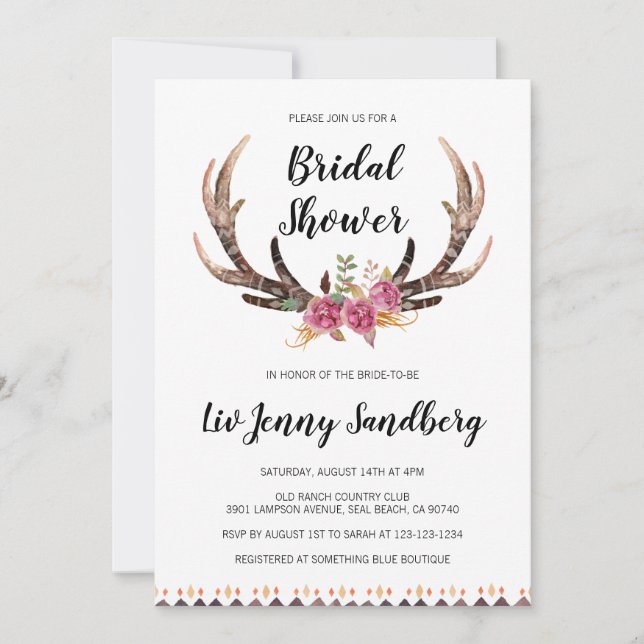Watercolor Antlers Bohemian Country Bridal Shower Invitation (Front)