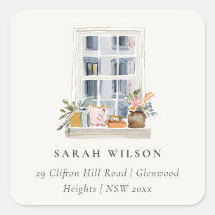 Watercolor Apartment Floral Window Moved Address Square Sticker