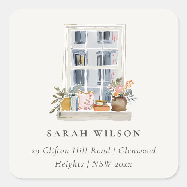 Watercolor Apartment Floral Window Moved Address Square Sticker (Front)