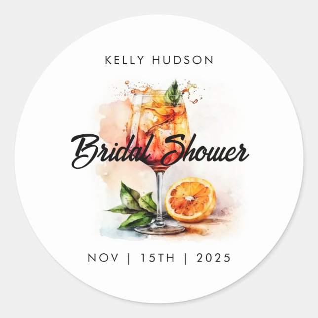 Watercolor Aperol Spritz Bridal Shower Classic Round Sticker (Front)