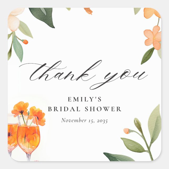 Watercolor Aperol Spritz Bridal Shower Square Sticker (Front)