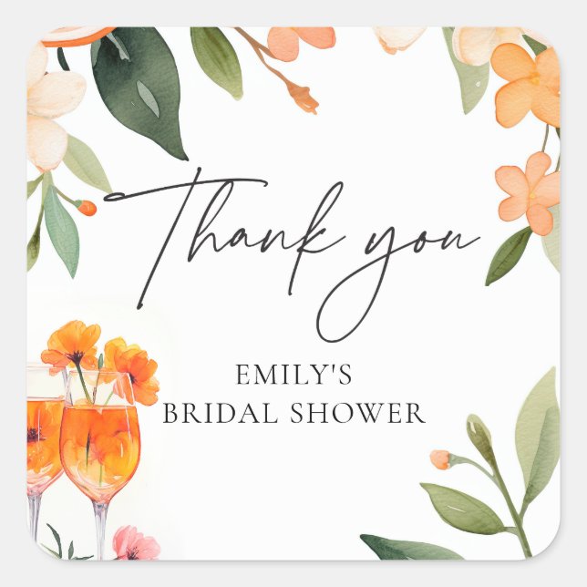 Watercolor Aperol Spritz Bridal Shower Square Sticker (Front)