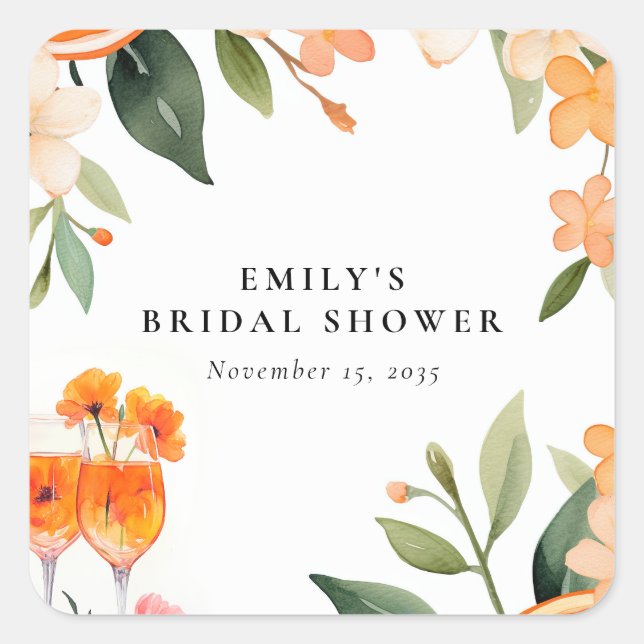 Watercolor Aperol Spritz Bridal Shower Square Sticker (Front)